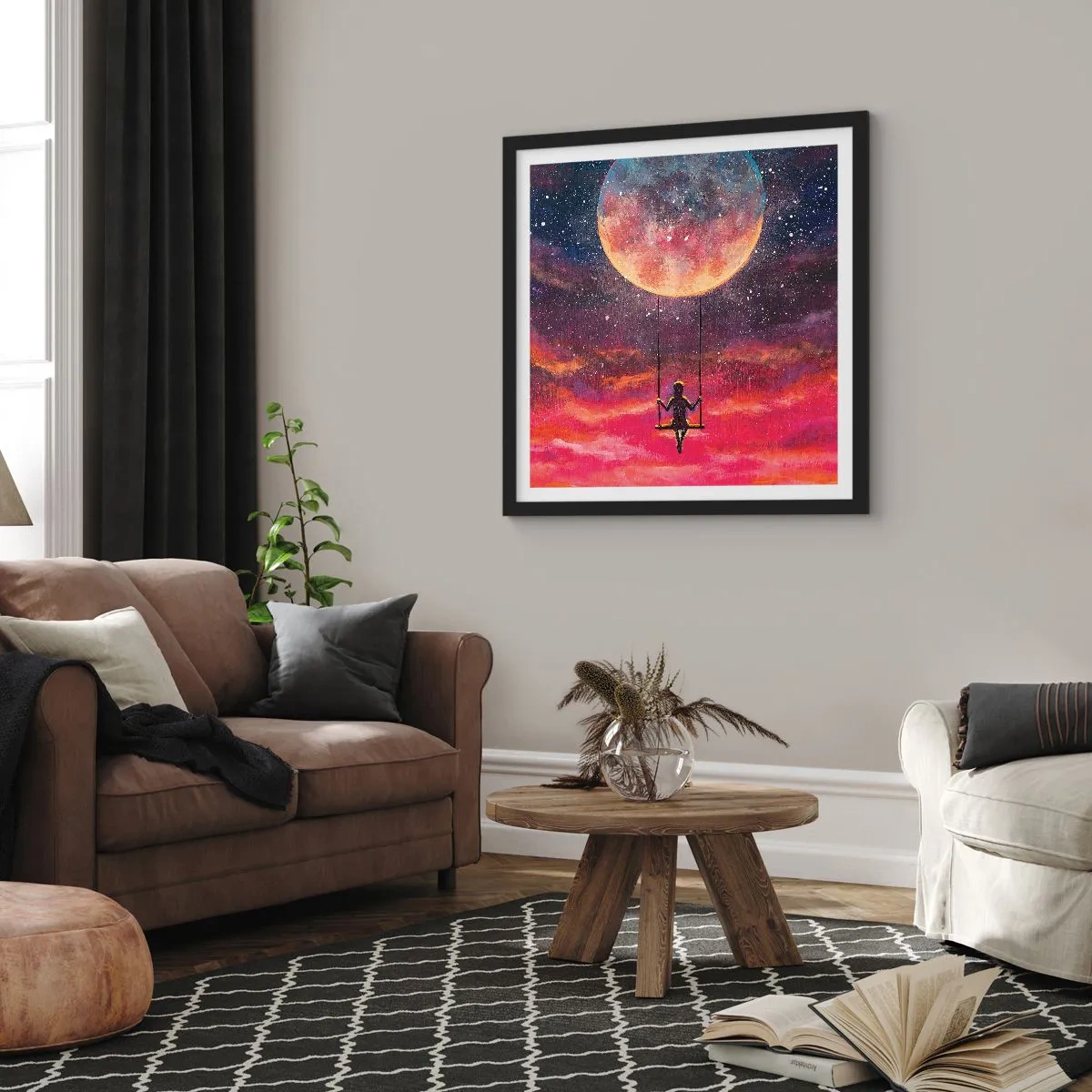 Affiche dans un cadre noir - Poster - Se balancer dans les nuages - 60x60 cm