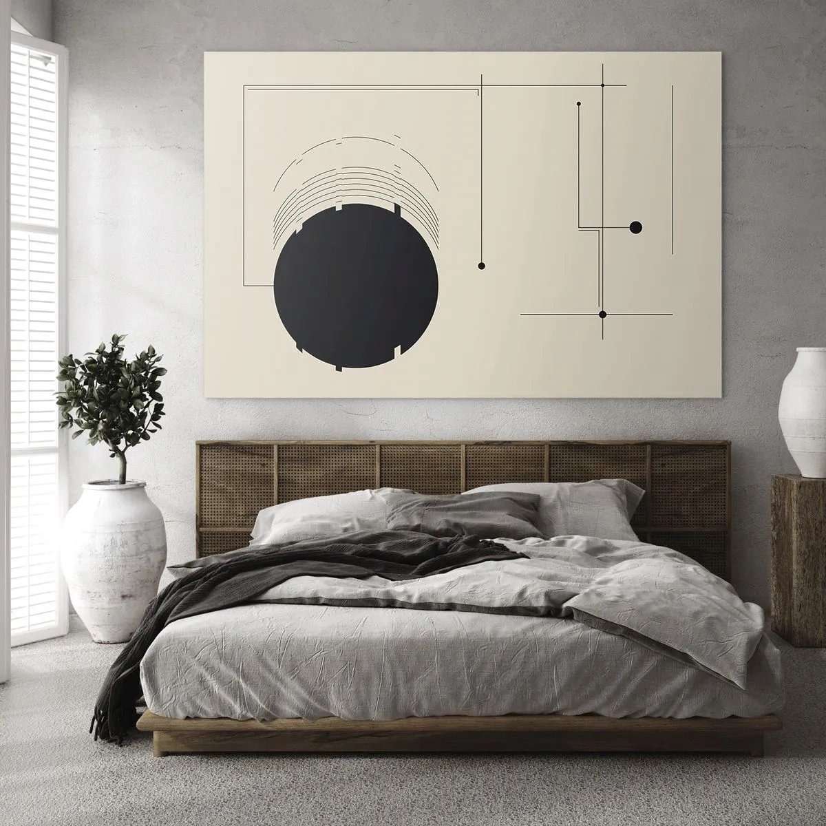Impression sur verre - Image sur verre - Composition abstraite avec un cercle noir et des lignes géométriques - 100x70cm - Une composition flexible et dynamique - Décoration murale moderne pour le salon et la chambre ARTTOR