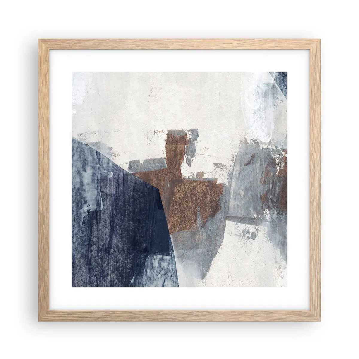 Affiche dans un chêne clair - Poster - Formes bleues et brunes - 40x40 cm