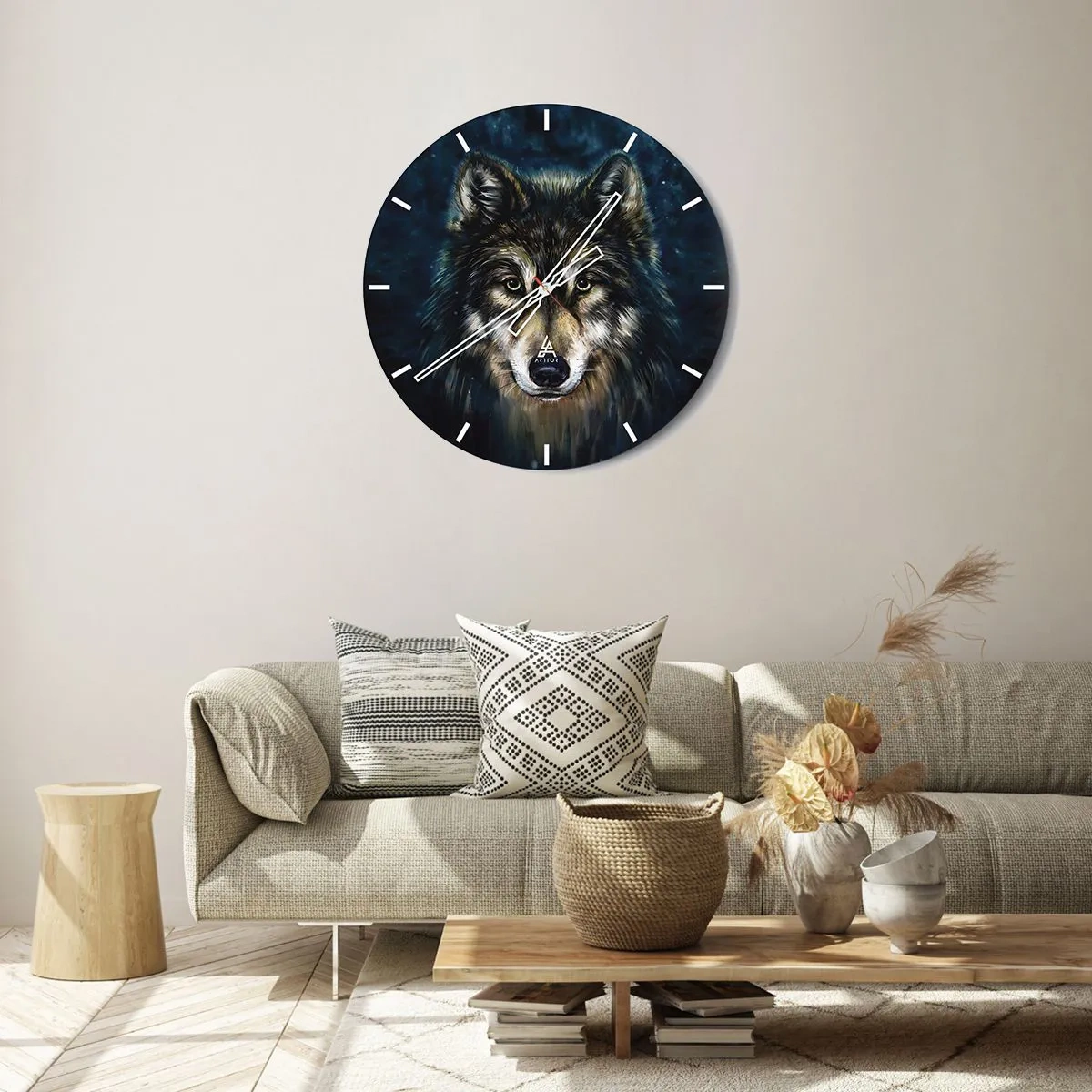 Horloge murale - Pendule murale - Portrait d'un loup sur fond de ciel nocturne bleu foncé - 30x30cm - Alpha? Et oméga - Décoration murale moderne pour le salon, la cuisine et la chambre ARTTOR