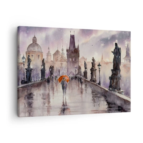 Impression sur toile - Image sur toile - Vue romantique d'un pont avec un parapluie sur fond de ville en soirée - 70x50cm - Les gens ne changent pas - Décoration murale moderne pour le salon et la chambre ARTTOR
