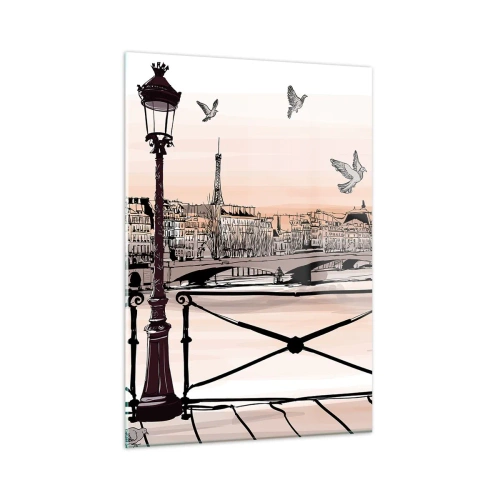 Impression sur verre - Image sur verre - Illustration d'une rue parisienne avec vue sur la Tour Eiffel à l'aube - 50x70cm - Sur les toits de Paris - Décoration murale moderne pour le salon et la chambre ARTTOR
