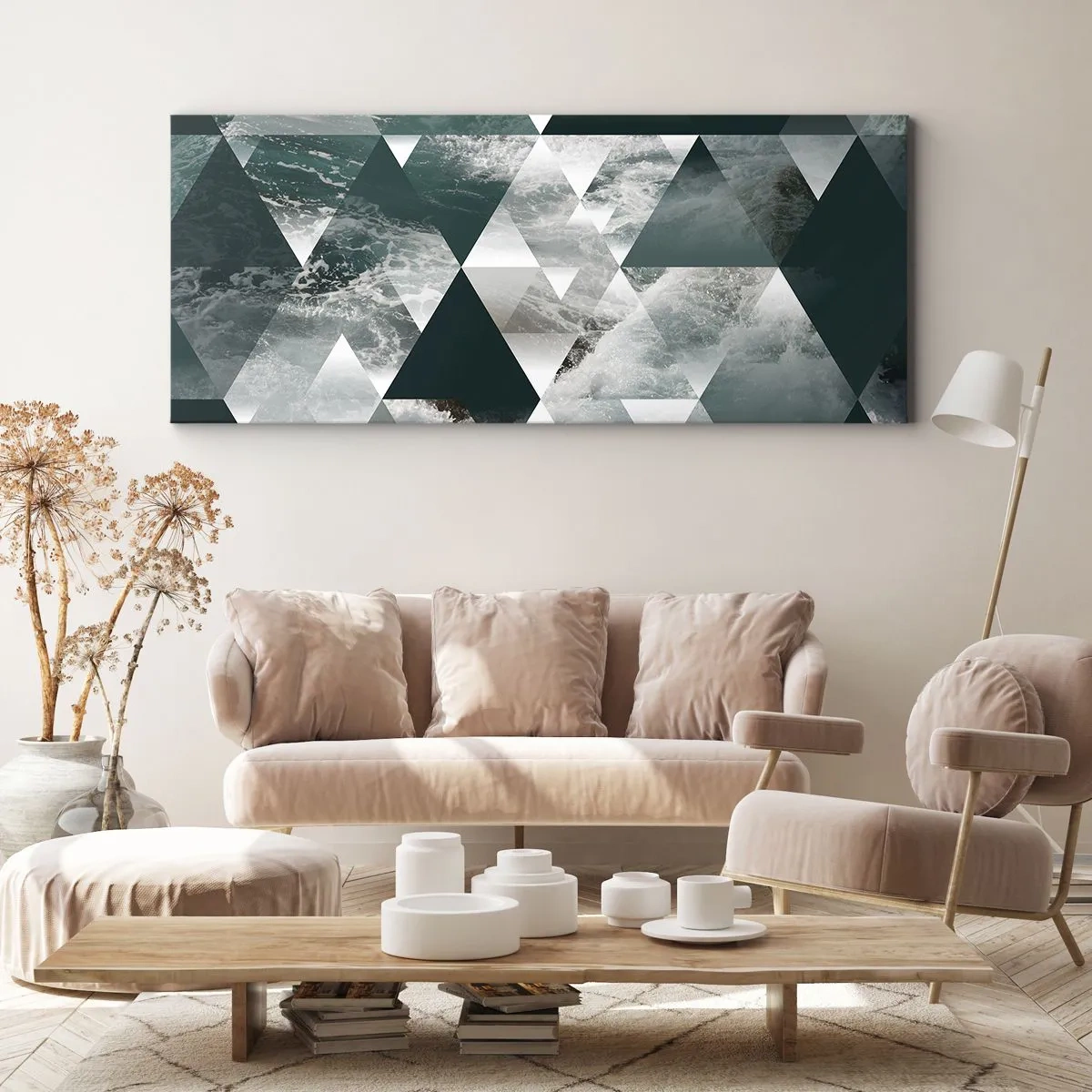 Impression sur toile - Image sur toile - Motif géométrique avec un motif de vagues dans des tons de vert - 120x50cm - Point de vue de cristal - Décoration murale moderne pour le salon et la chambre ARTTOR