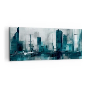 Impression sur toile - Image sur toile - Une ville moderne aux tons turquoise et gris - 120x50cm - Une ville couleur de pluie - Décoration murale moderne pour le salon et la chambre ARTTOR