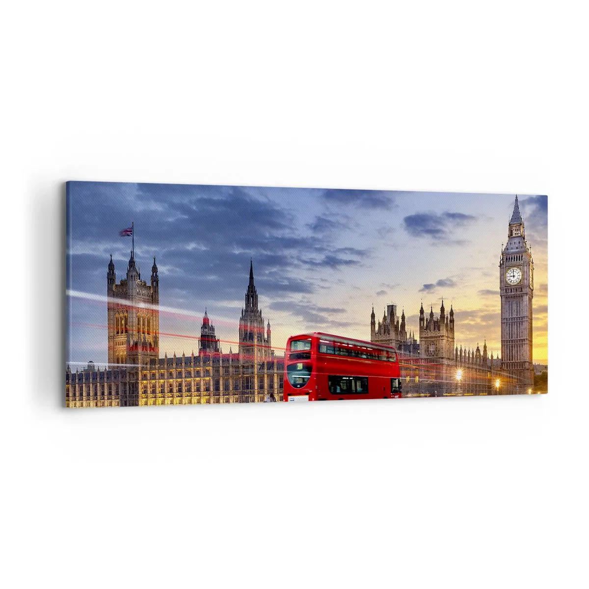 Impression sur toile - Image sur toile - Un bus rouge avec Big Ben et les Chambres du Parlement en arrière-plan au crépuscule. - 120x50cm - Caractères spéciaux - Décoration murale moderne pour le salon et la chambre ARTTOR