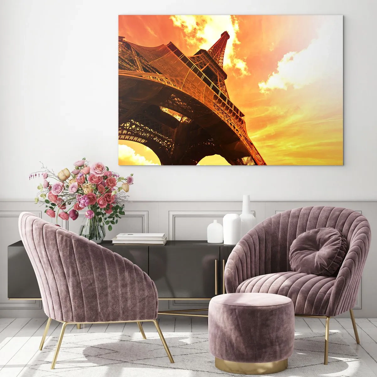 Impression sur verre - Image sur verre - La Tour Eiffel dans des tons chauds d'orange au coucher du soleil - 120x80cm - Monumental, car il est doré par le soleil - Décoration murale moderne pour le salon et la chambre ARTTOR