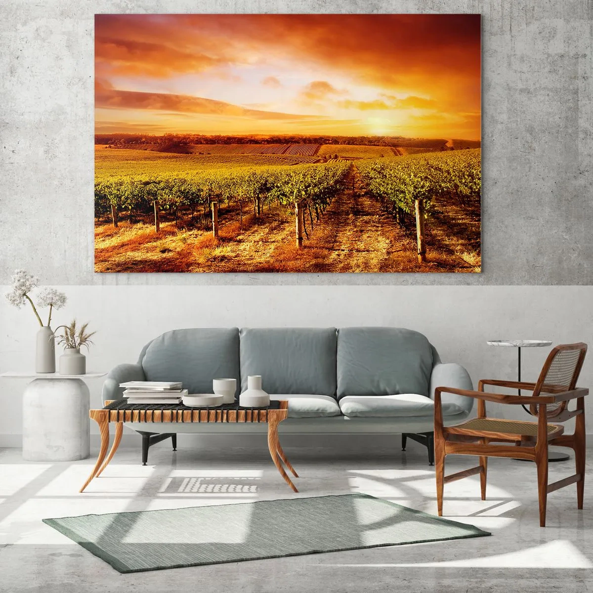 Impression sur verre - Image sur verre - Vignes dans un champ au coucher du soleil - 70x50cm - Légèrement fruité avec une pointe de soleil - Décoration murale moderne pour le salon et la chambre ARTTOR