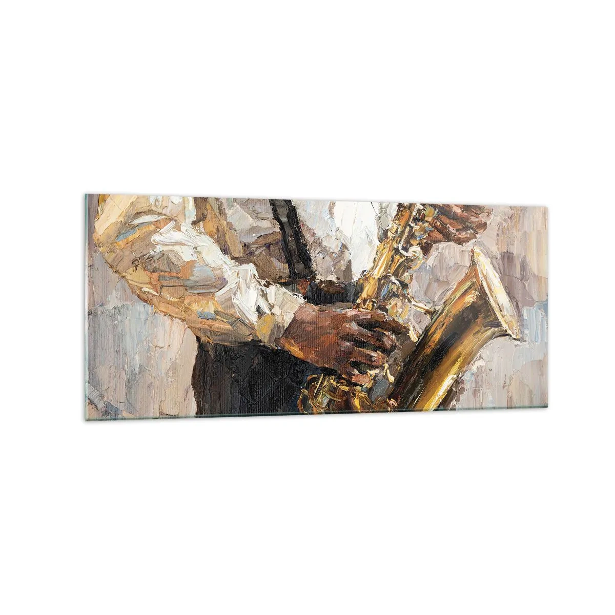 Impression sur verre - Image sur verre - Un musicien jouant du saxophone dans un style artistique - 120x50cm - C'est l'heure du solo - Décoration murale moderne pour le salon et la chambre ARTTOR