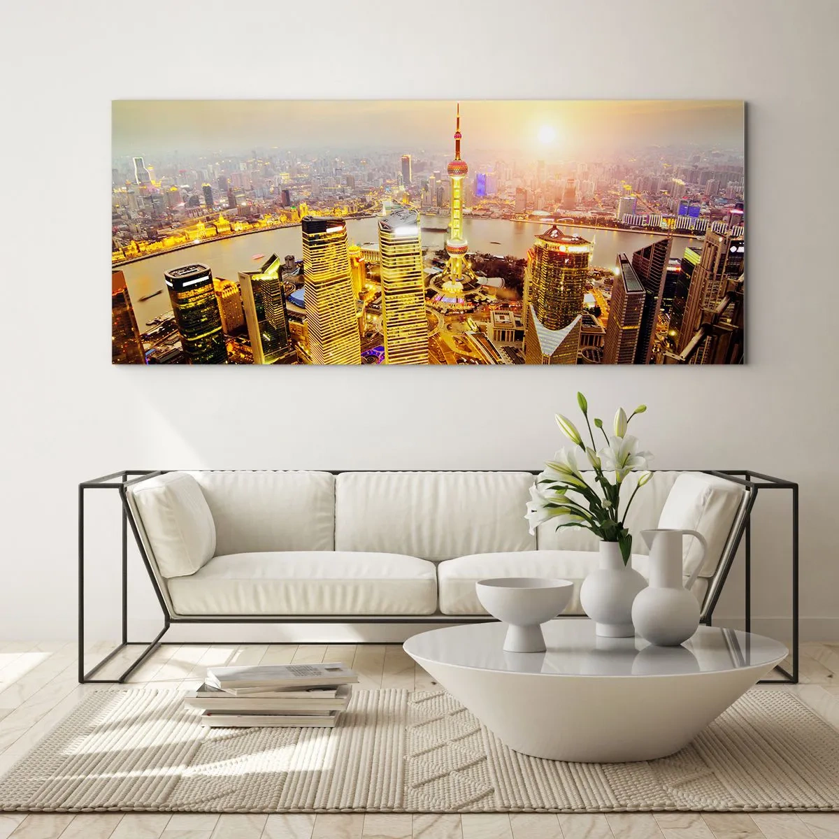 Impression sur verre - Image sur verre - Panorama de la ville avec des gratte-ciels au coucher du soleil - 140x50cm - Rêve asiatique - Décoration murale moderne pour le salon et la chambre ARTTOR