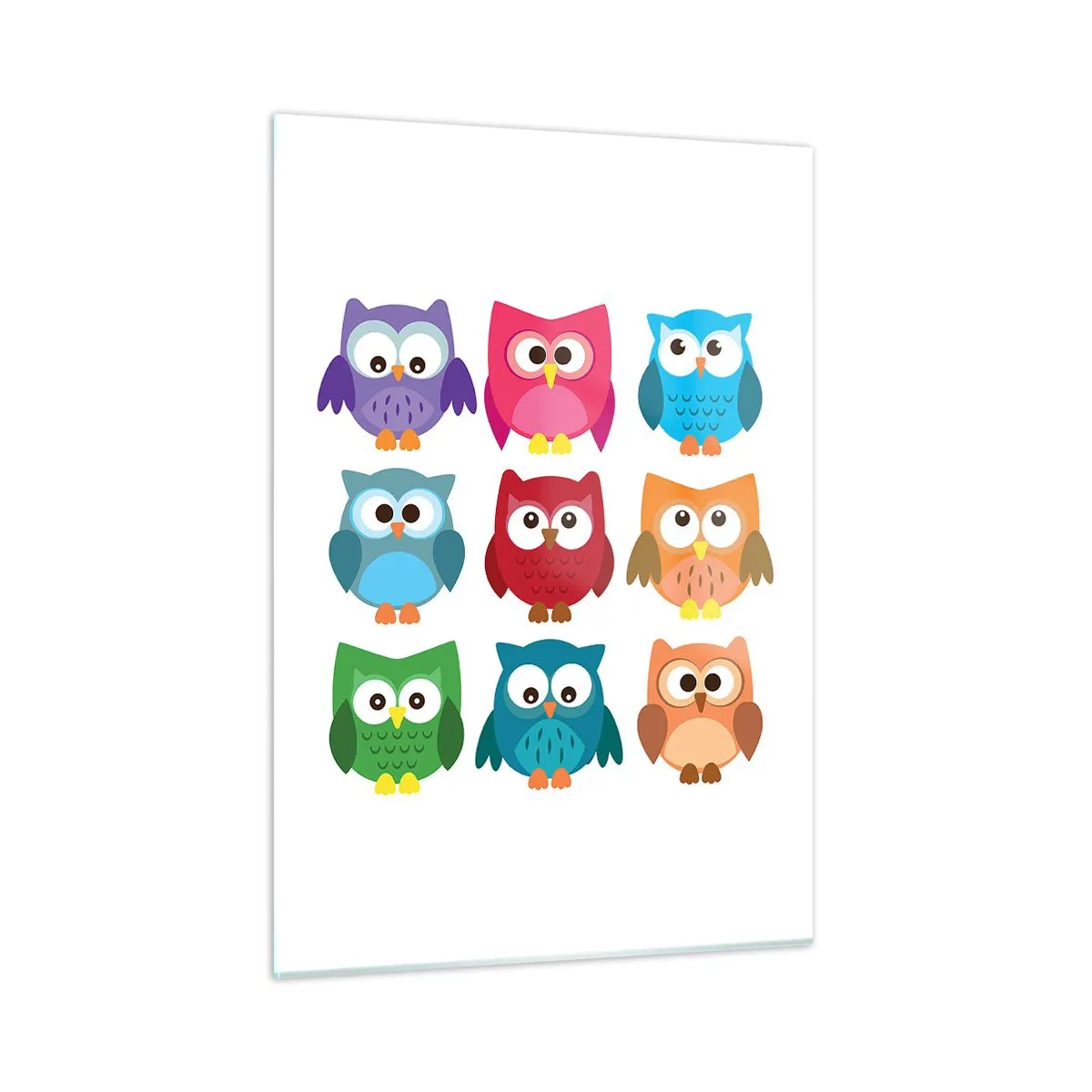 Impression sur verre - Image sur verre - Hiboux colorés dans un style dessin animé sur fond blanc - 50x70cm - C'est amusant d'être différent - Décoration murale moderne pour le salon et la chambre ARTTOR