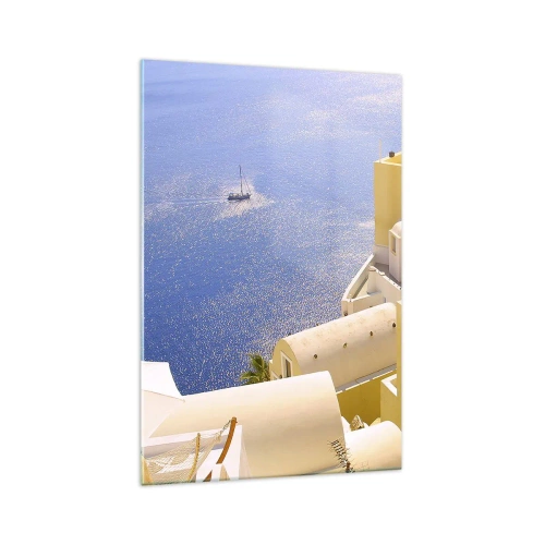 Impression sur verre - Image sur verre - Architecture grecque avec vue sur la mer et un bateau en arrière-plan - 70x100cm - Paysage grec en blanc et bleu ciel - Décoration murale moderne pour le salon et la chambre ARTTOR