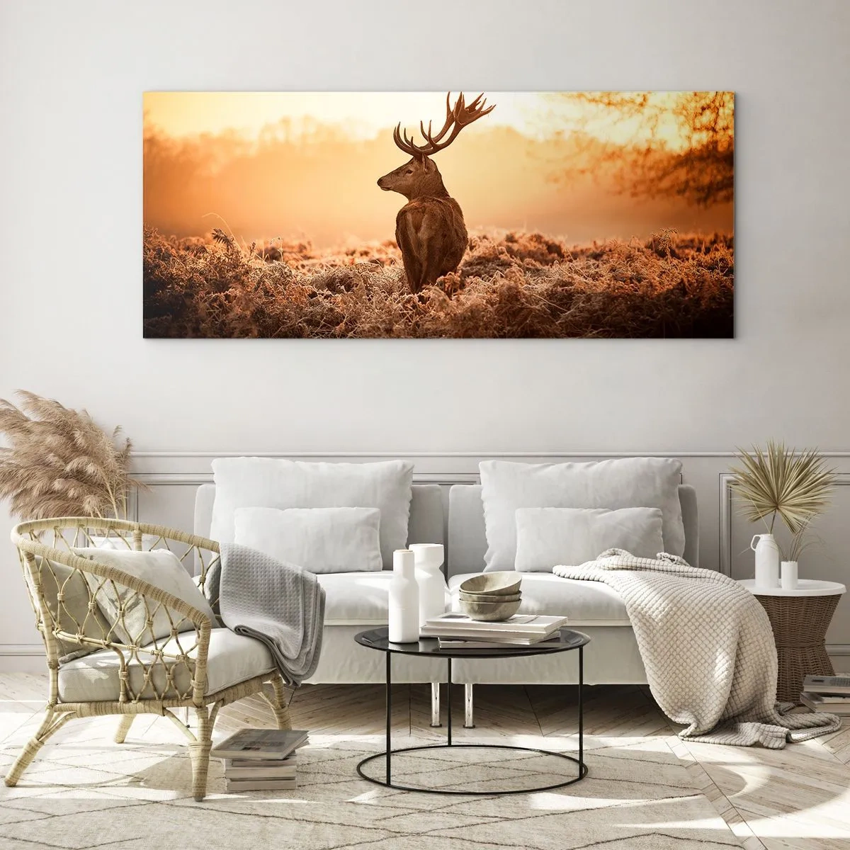 Impression sur verre - Image sur verre - Cerf dans les rayons du soleil levant - 140x50cm - Seigneur du domaine - Décoration murale moderne pour le salon et la chambre ARTTOR