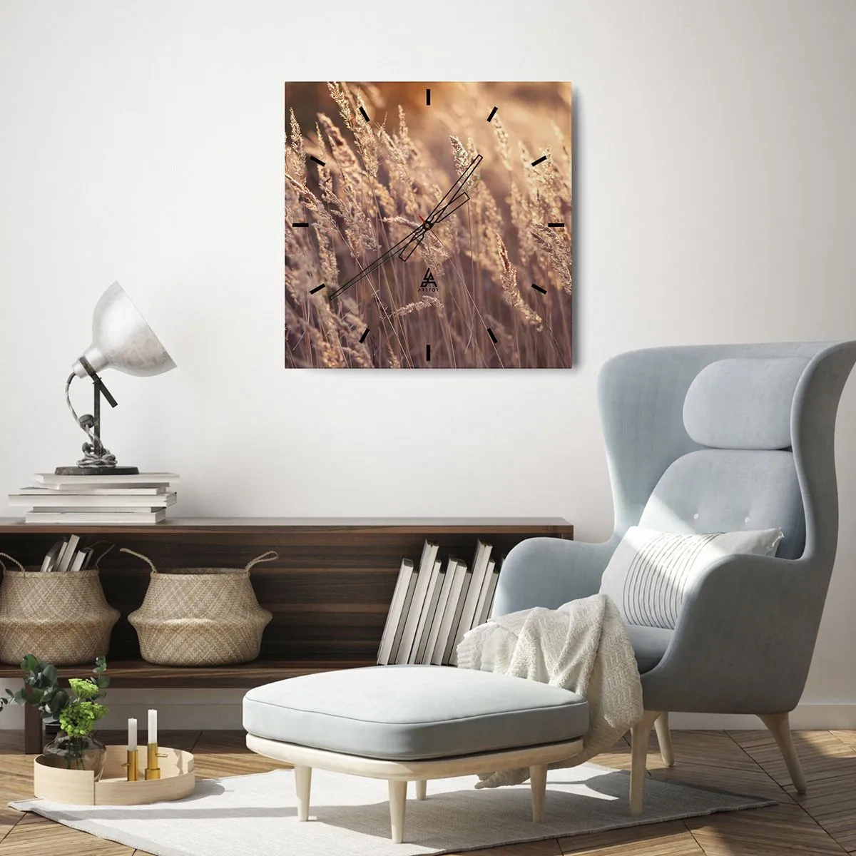 Horloge murale - Pendule murale - Herbes dorées sur fond de soleil couchant - 30x30cm - Prêt à accueillir l'automne - Décoration murale moderne pour le salon et la chambre ARTTOR