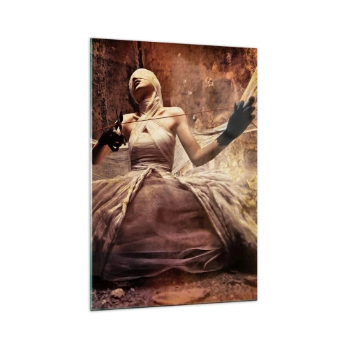 Impression sur verre - Image sur verre - Une femme en robe avec le visage couvert et des ciseaux dans les mains - 70x100cm - Déesse du destin - Décoration murale moderne pour le salon et la chambre ARTTOR