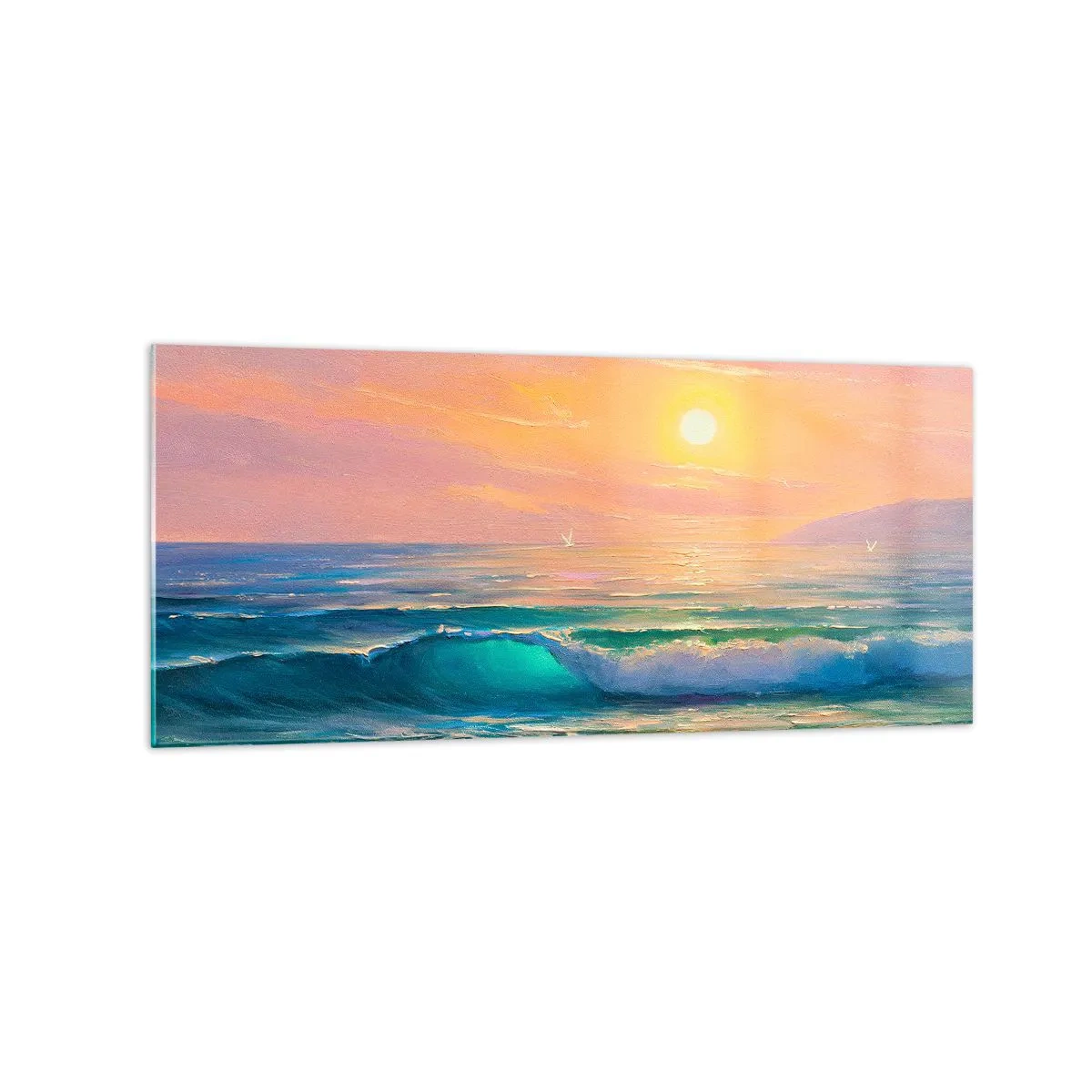 Impression sur verre - Image sur verre - Paysage marin avec coucher de soleil - 120x50cm - Le chant turquoise des vagues - Décoration murale moderne pour le salon et la chambre ARTTOR