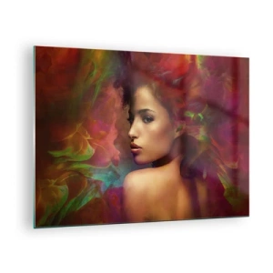 Impression sur verre - Image sur verre - Portrait d'une femme dans un décor coloré et abstrait - 70x50cm - Plus beau qu'un arc-en-ciel, aussi délicat qu'un brouillard - Décoration murale moderne pour le salon et la chambre ARTTOR