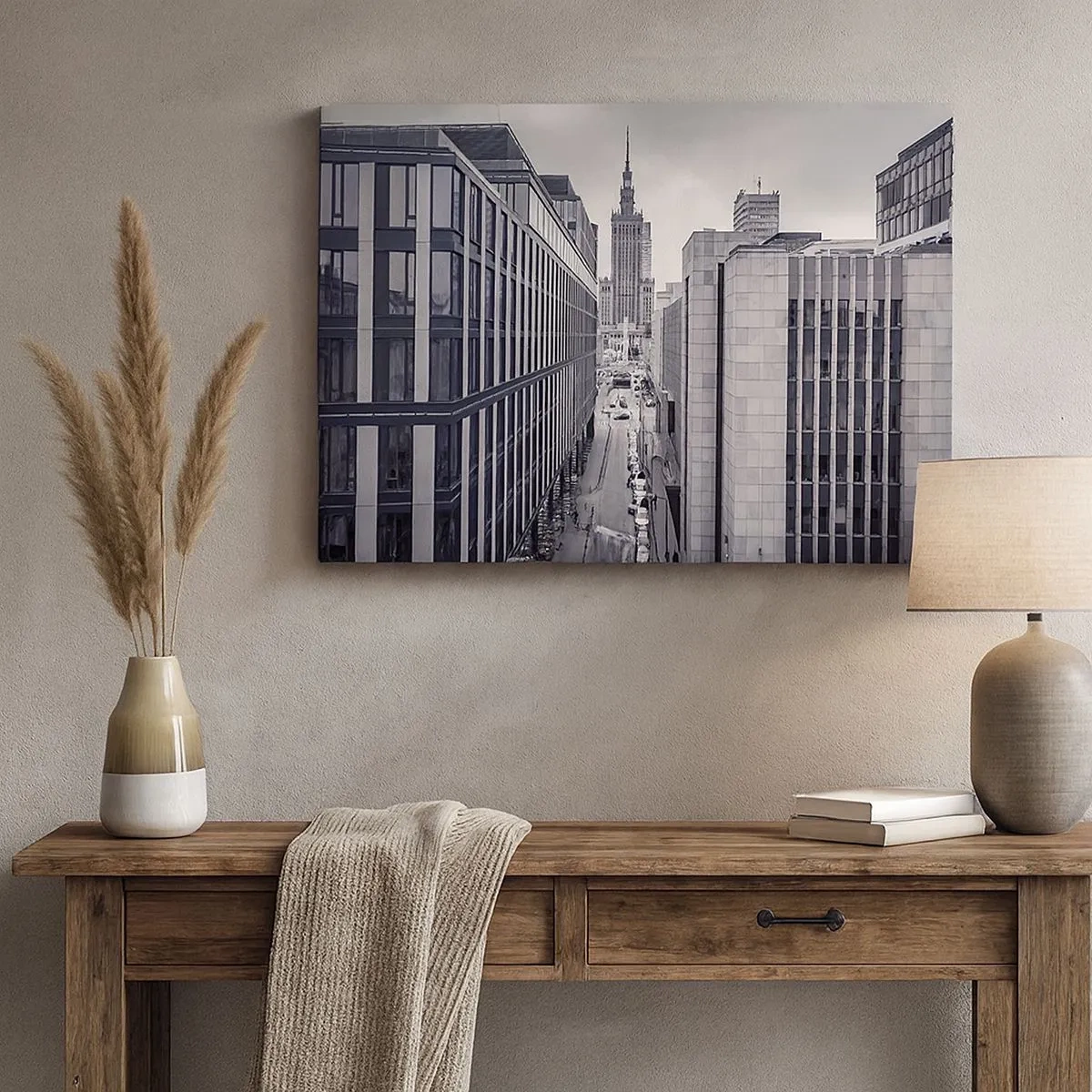 Impression sur toile - Image sur toile - Panorama de Varsovie avec vue sur le Palais de la Culture et les bâtiments environnants - 70x50cm - Vallée de Varsovie - Décoration murale moderne pour le salon et la chambre ARTTOR