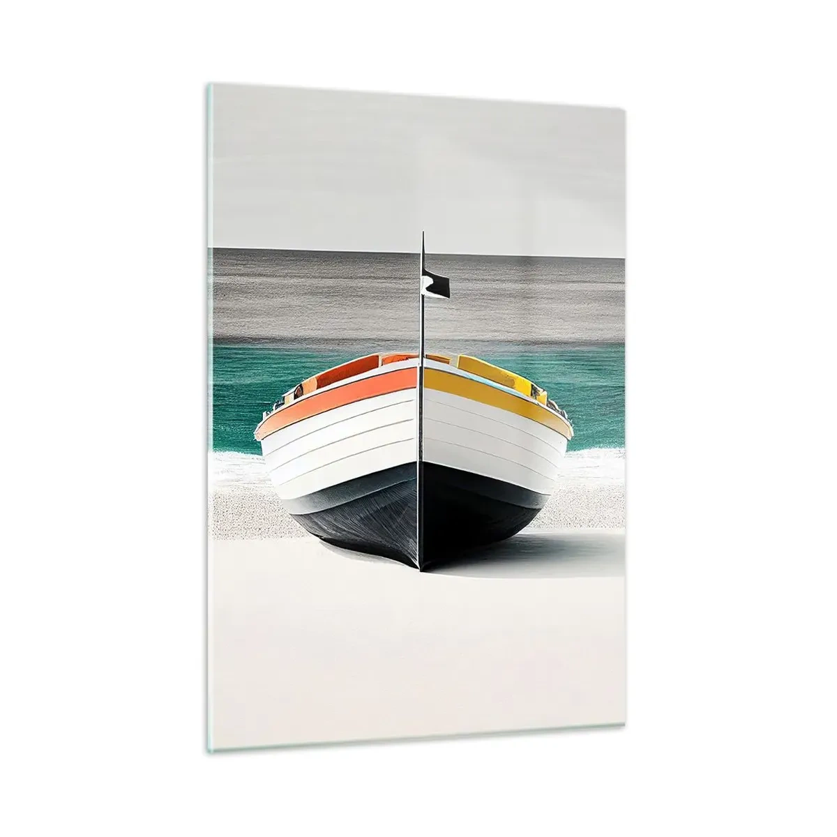 Impression sur verre - Image sur verre - Un bateau coloré sur la plage avec une mer turquoise en arrière-plan - 50x70cm - A sa place - Décoration murale moderne pour le salon et la chambre ARTTOR