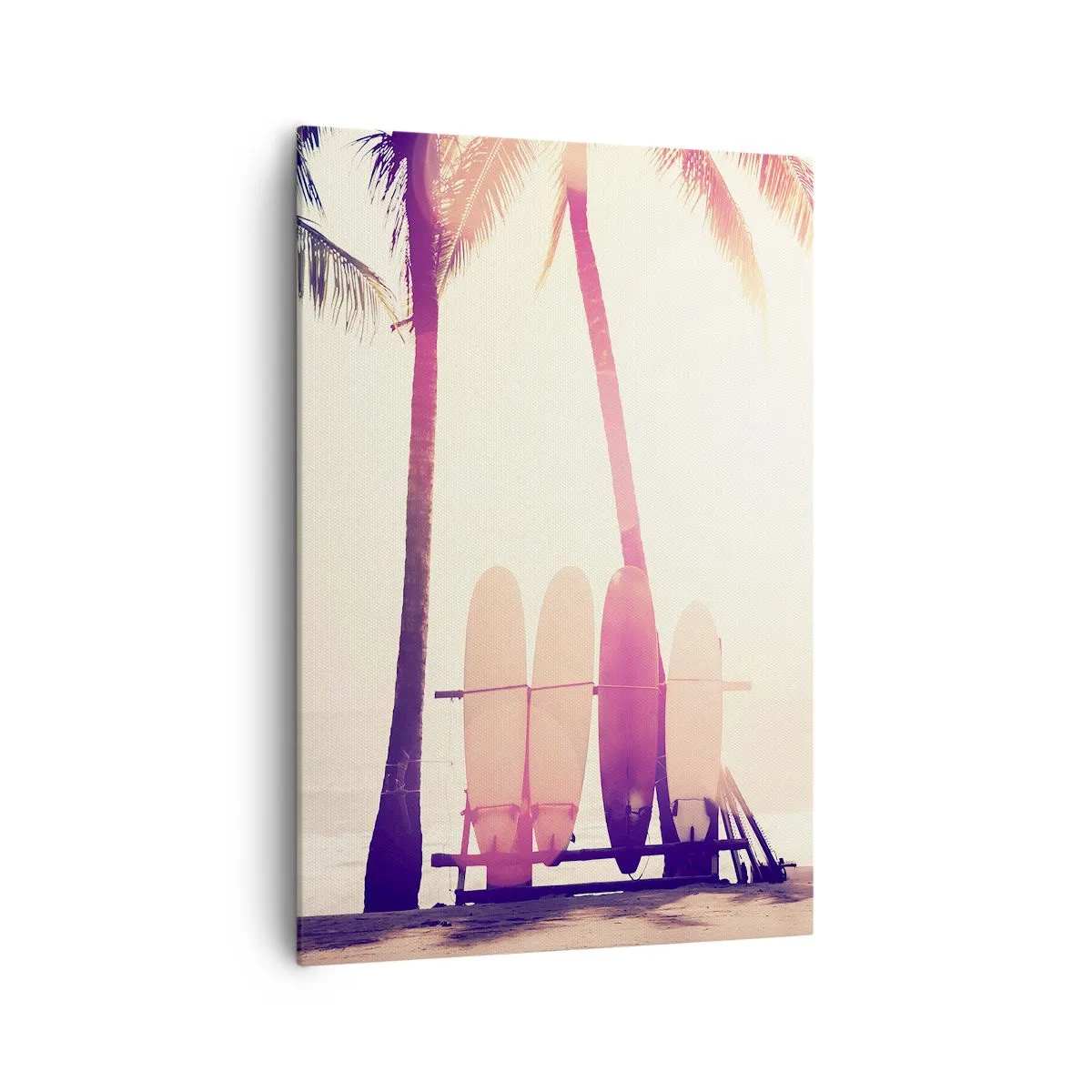 Impression sur toile - Image sur toile - Palmiers et planches de surf sur la plage au soleil - 70x100cm - Ca va être une journée magnifique - Décoration murale moderne pour le salon et la chambre ARTTOR