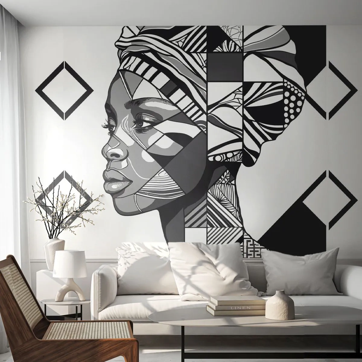Papier Peint Photo Premium Sand - Portrait stylisé d'une femme aux motifs géométriques en noir et blanc - 100x70cm - Portrait ethnique - Décoration murale moderne pour le salon et la chambre ARTTOR