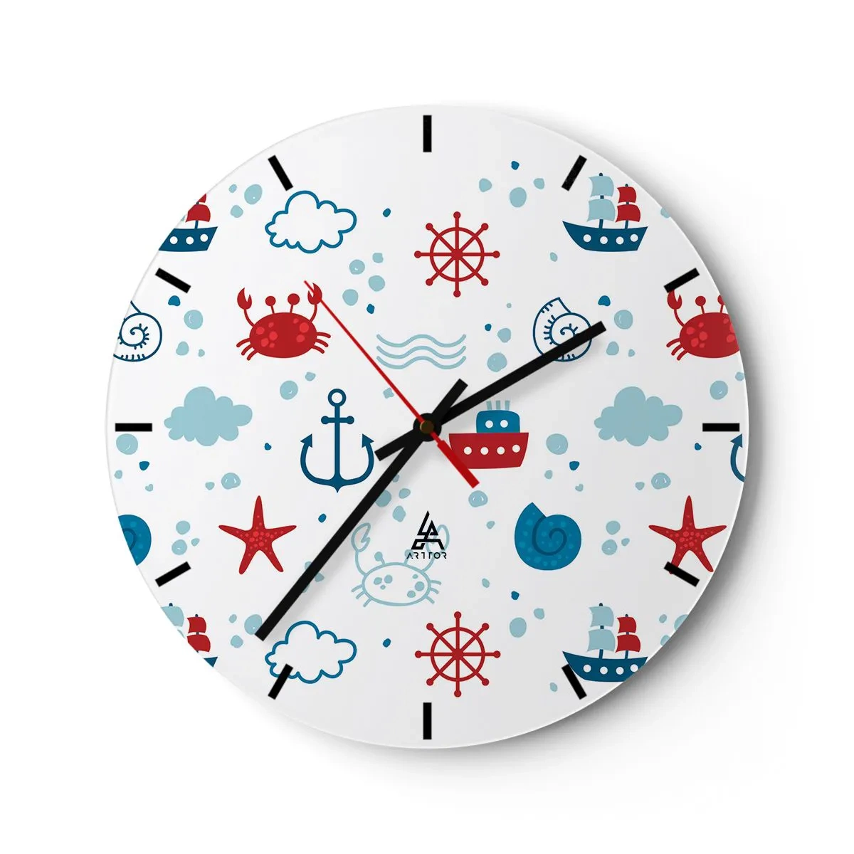 Horloge murale - Pendule murale - Motifs nautiques aux couleurs blanches, bleues et rouges - 30x30cm - Conte de fées de la mer - Décoration murale moderne pour le salon, la cuisine et la chambre ARTTOR