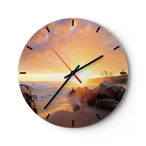 Horloge murale - Pendule murale - Coucher de soleil sur la mer avec des pierres et une lumière chaude - 30x30cm - Brise lumineuse du soir - Décoration murale moderne pour le salon, la cuisine et la chambre ARTTOR