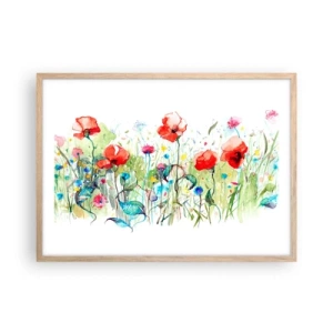 Affiche dans un chêne clair - Poster - Prairie de fleurs en mai - 70x50 cm
