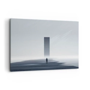 Impression sur toile - Image sur toile - Un paysage minimaliste avec une silhouette à côté d'un monolithe rectangulaire - 100x70cm - Opportunité ou menace ? - Décoration murale moderne pour le salon et la chambre ARTTOR