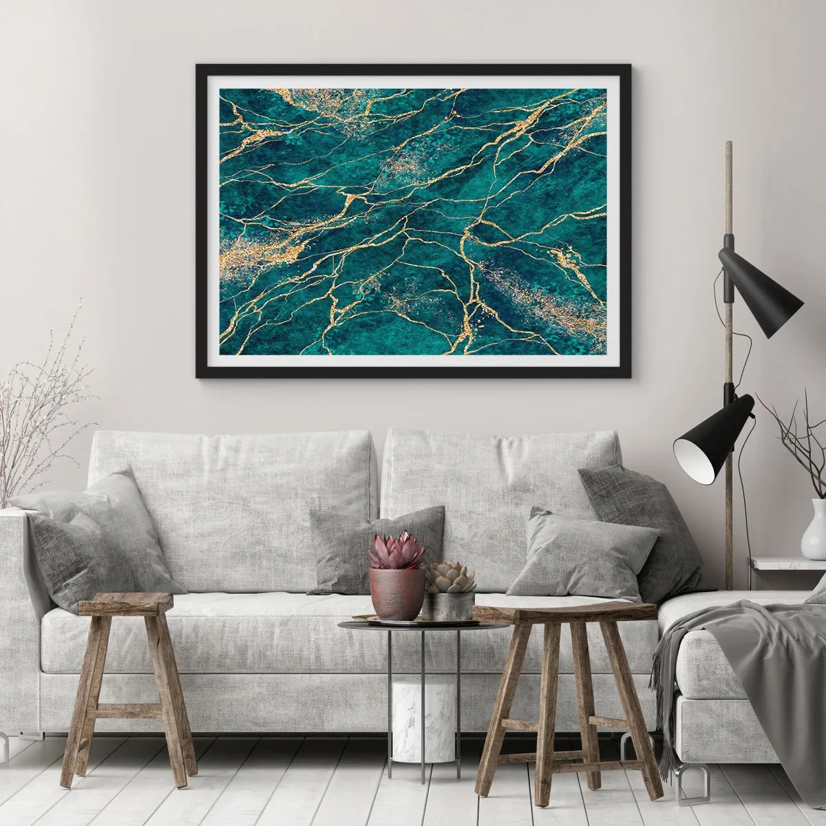 Affiche dans un cadre noir - Poster - Motif de marbre texturé dans des tons turquoise et or - 70x50cm - Mine d'or - Décoration murale moderne pour le salon et la chambre ARTTOR