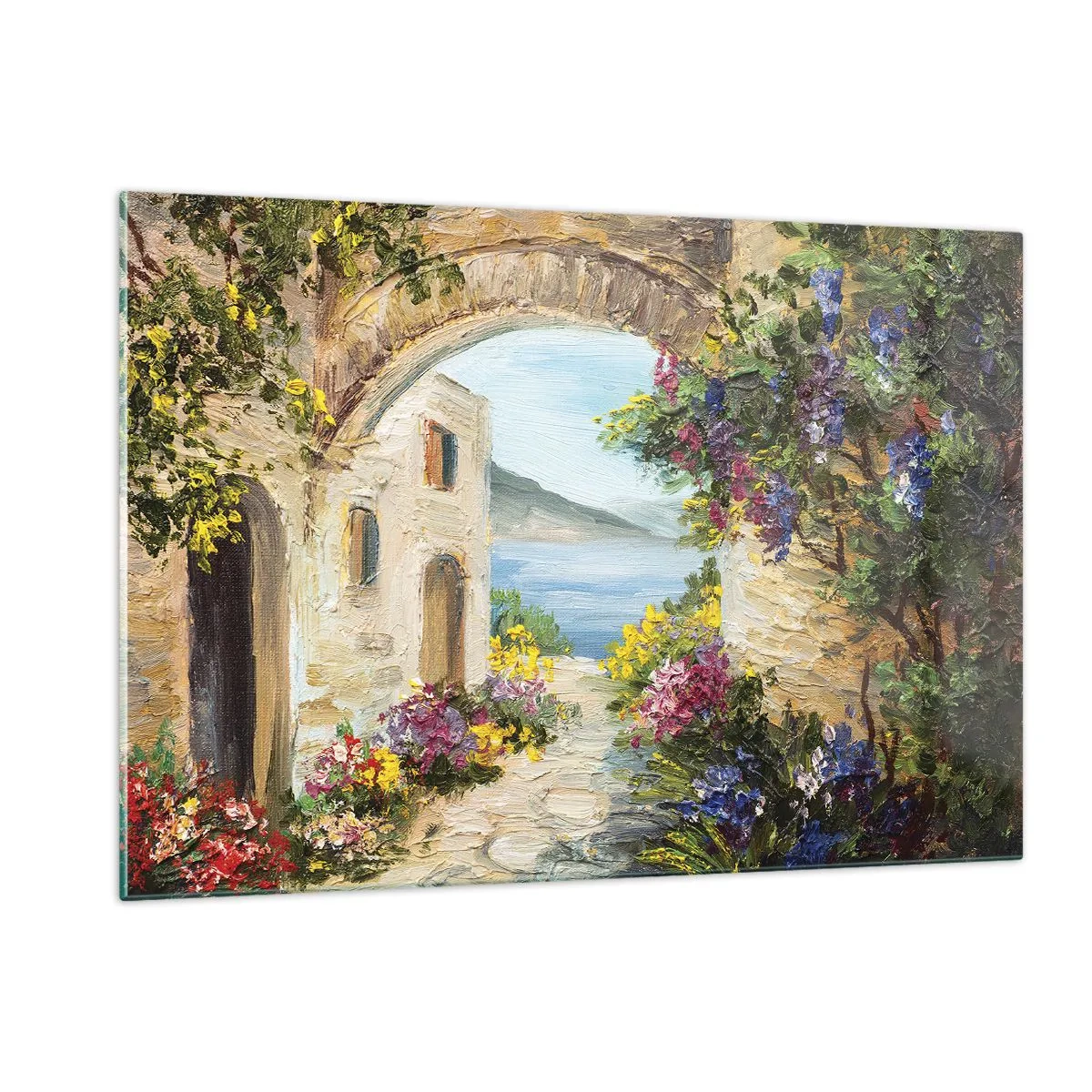 Impression sur verre - Image sur verre - Une rue pittoresque avec vue sur le lac - 120x80cm - Le charme d'une province côtière - Décoration murale moderne pour le salon et la chambre ARTTOR