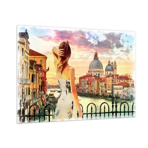 Impression sur verre - Image sur verre - Une femme admire la vue de Venise au coucher du soleil. - 100x70cm - Pour une aventure c'est uniquement dans ... - Décoration murale moderne pour le salon et la chambre ARTTOR