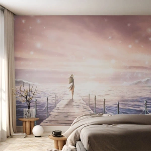 Papier Peint Photo Premium Canvas - Une femme sur une jetée dans un décor de coucher de soleil magique - 100x70cm - A la lumière d'un rêve - Décoration murale moderne pour le salon et la chambre ARTTOR