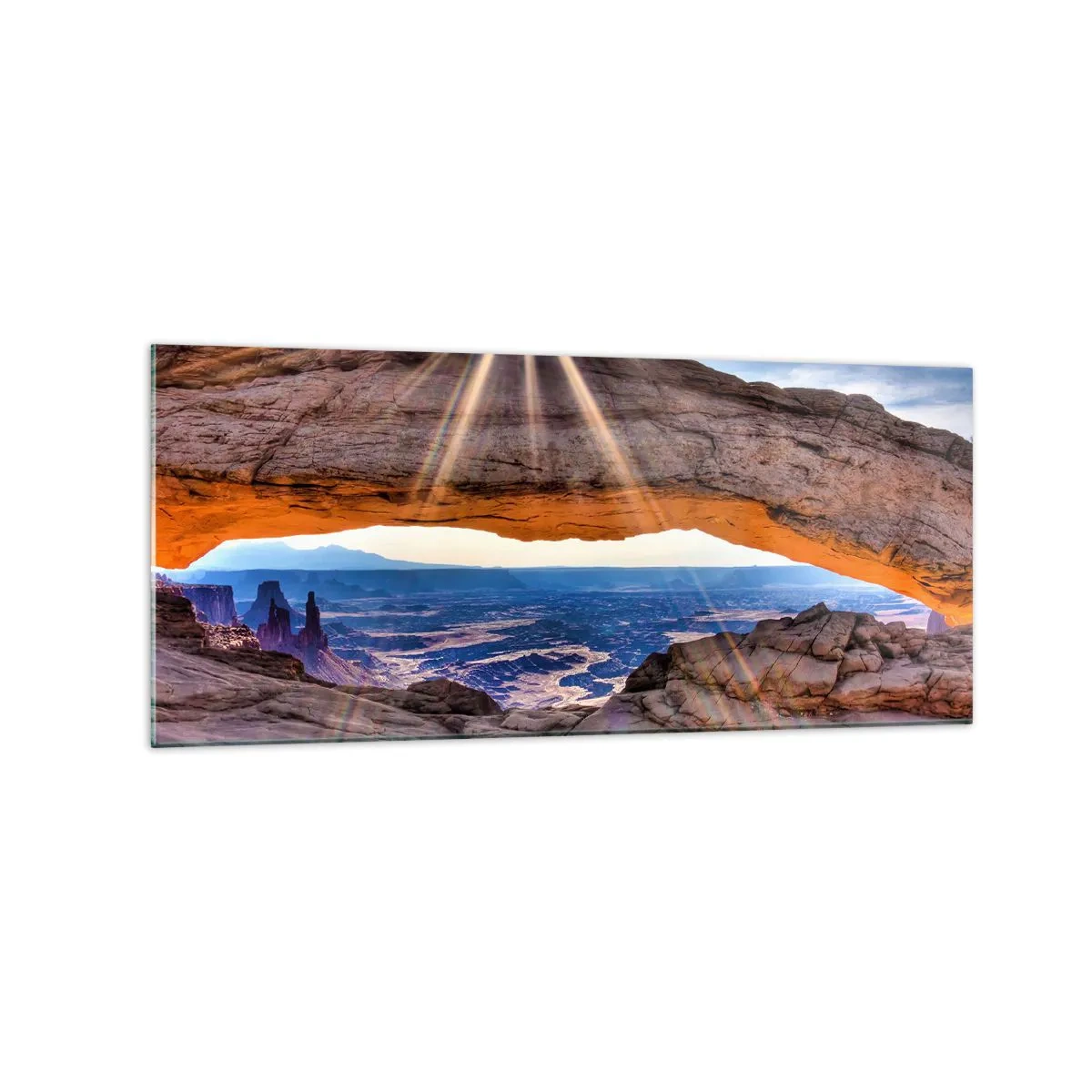Impression sur verre - Image sur verre - Arche rocheuse surplombant le canyon au lever du soleil - 120x50cm - Par la porte rocheuse - Décoration murale moderne pour le salon et la chambre ARTTOR