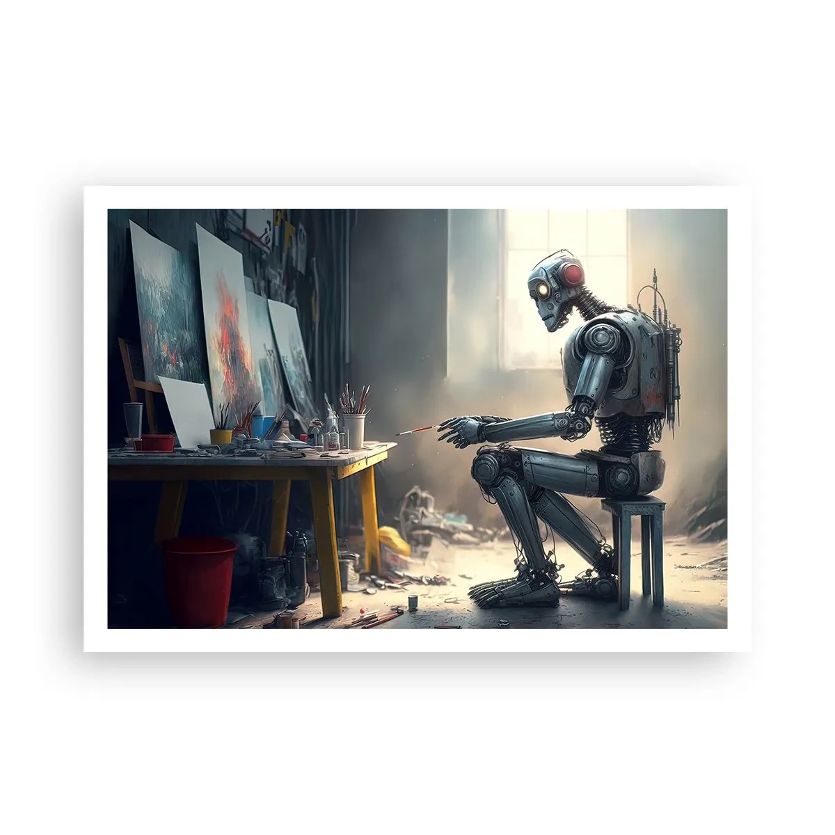 Affiche - Poster - Un robot peignant un tableau dans un atelier d'art - 100x70cm - L'acte de création - Décoration murale moderne pour le salon et la chambre ARTTOR