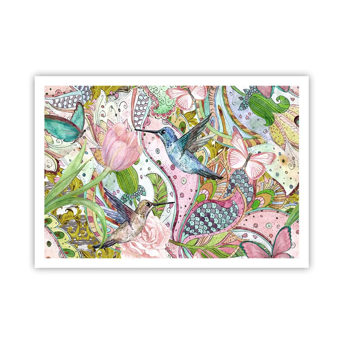 Affiche - Poster - Colibris et papillons colorés parmi les plantes - 100x70cm - Empêtré dans les vignes - Décoration murale moderne pour le salon et la chambre ARTTOR