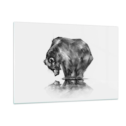 Impression sur verre - Image sur verre - Graphique d'un ours penché sur la surface de l'eau - 120x80cm - Ravi de rencontrer quelqu'un de proche - Décoration murale moderne pour le salon et la chambre ARTTOR