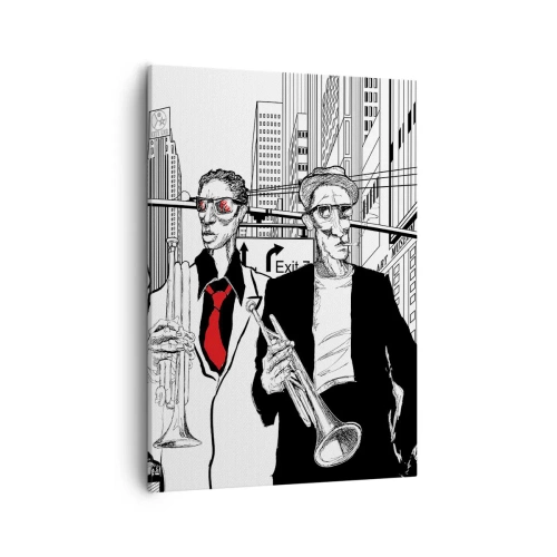 Impression sur toile - Image sur toile - Illustration de musiciens de jazz sur fond urbain - 50x70cm - Rhapsodie urbaine en noir et rouge - Décoration murale moderne pour le salon et la chambre ARTTOR