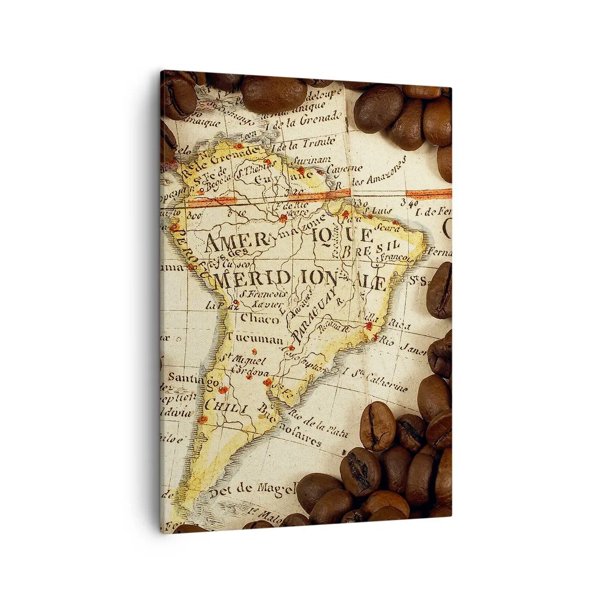 Impression sur toile - Image sur toile - Une carte de l'Amérique du Sud entourée de grains de café. - 50x70cm - D'où vient le meilleur café ? - Décoration murale moderne pour le salon et la chambre ARTTOR