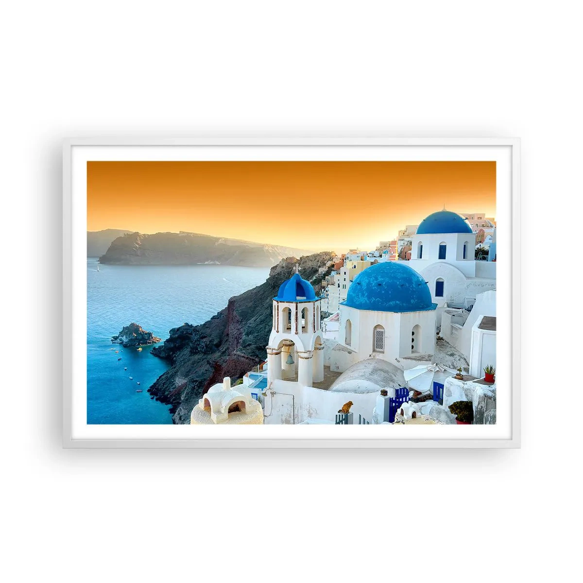 Affiche dans un cadre blanc - Poster - Santorin - blotti contre les rochers - 91x61 cm
