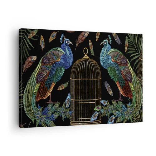 Impression sur toile - Image sur toile - Paons à côté d'une cage dorée sur fond noir - 70x50cm - En robes royales - Décoration murale moderne pour le salon et la chambre ARTTOR