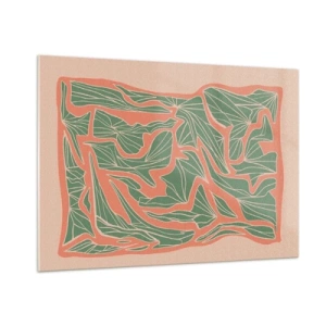 Impression sur verre - Image sur verre - Formes feuillues vertes entourées d'un cadre corail sur fond beige - 100x70cm - La lutte entre le corail et la verdure - Décoration murale moderne pour le salon et la chambre ARTTOR