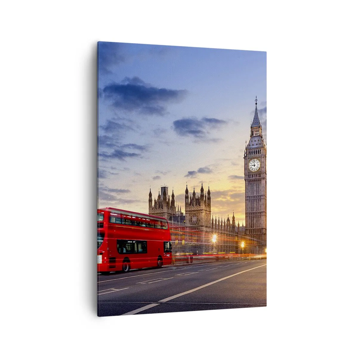 Impression sur toile - Image sur toile - Un bus rouge avec Big Ben et les Chambres du Parlement en arrière-plan au crépuscule. - 70x100cm - Caractères spéciaux - Décoration murale moderne pour le salon et la chambre ARTTOR