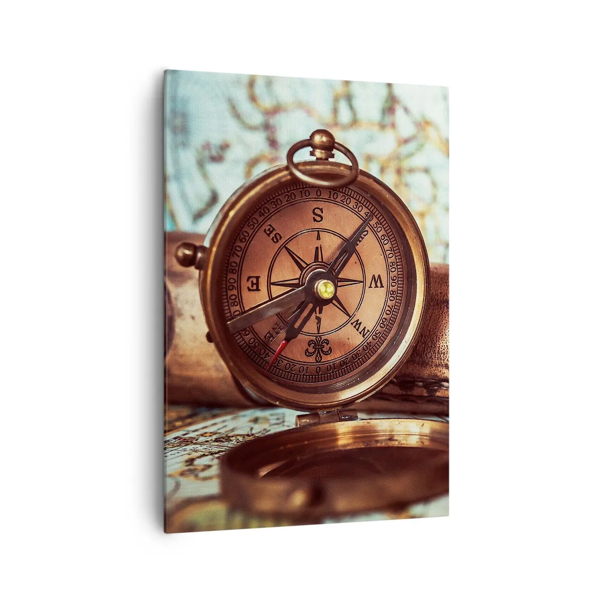 Impression sur toile - Image sur toile - Un ensemble rétro avec une boussole, un télescope et une carte sur le thème du voyage - 70x100cm - Une aventure de pirates dans les Caraïbes vous attend - Décoration murale moderne pour le salon et la chambre ARTTO