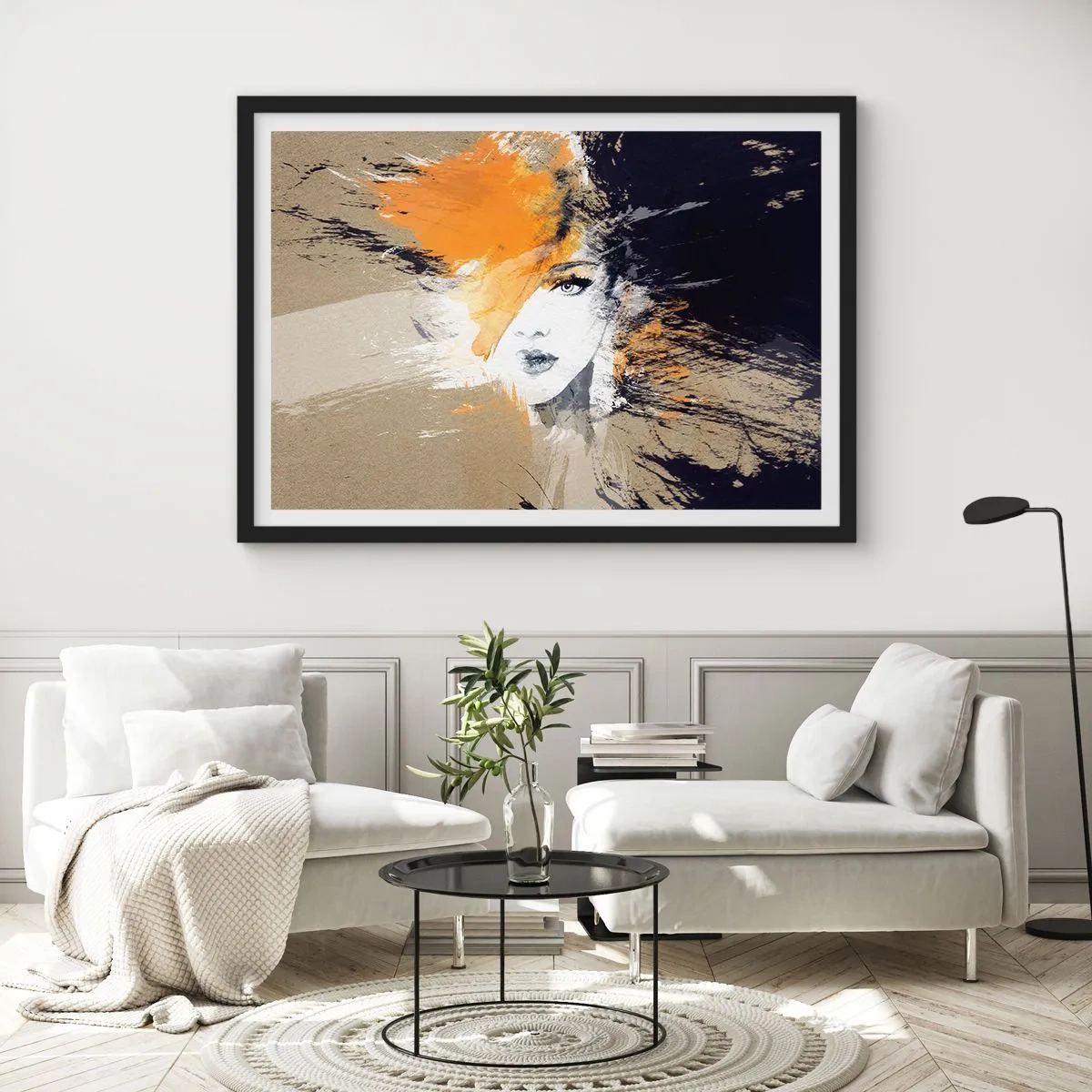 Affiche dans un cadre noir - Poster - Portrait abstrait d'une femme aux couleurs intenses - 100x70cm - Et la lumière fut - Décoration murale moderne pour le salon et la chambre ARTTOR