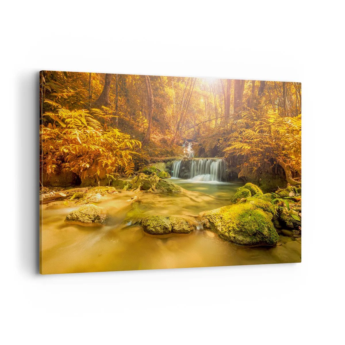 Impression sur toile - Image sur toile - Une cascade dorée dans une forêt d'automne entourée de verdure - 100x70cm - Cascade de forêt en or - Décoration murale moderne pour le salon et la chambre ARTTOR