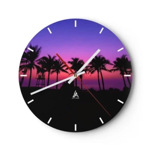 Horloge murale - Pendule murale - Palmiers au coucher du soleil avec un ciel violet - 30x30cm - Soirée sous les palmiers - Décoration murale moderne pour le salon, la cuisine et la chambre ARTTOR
