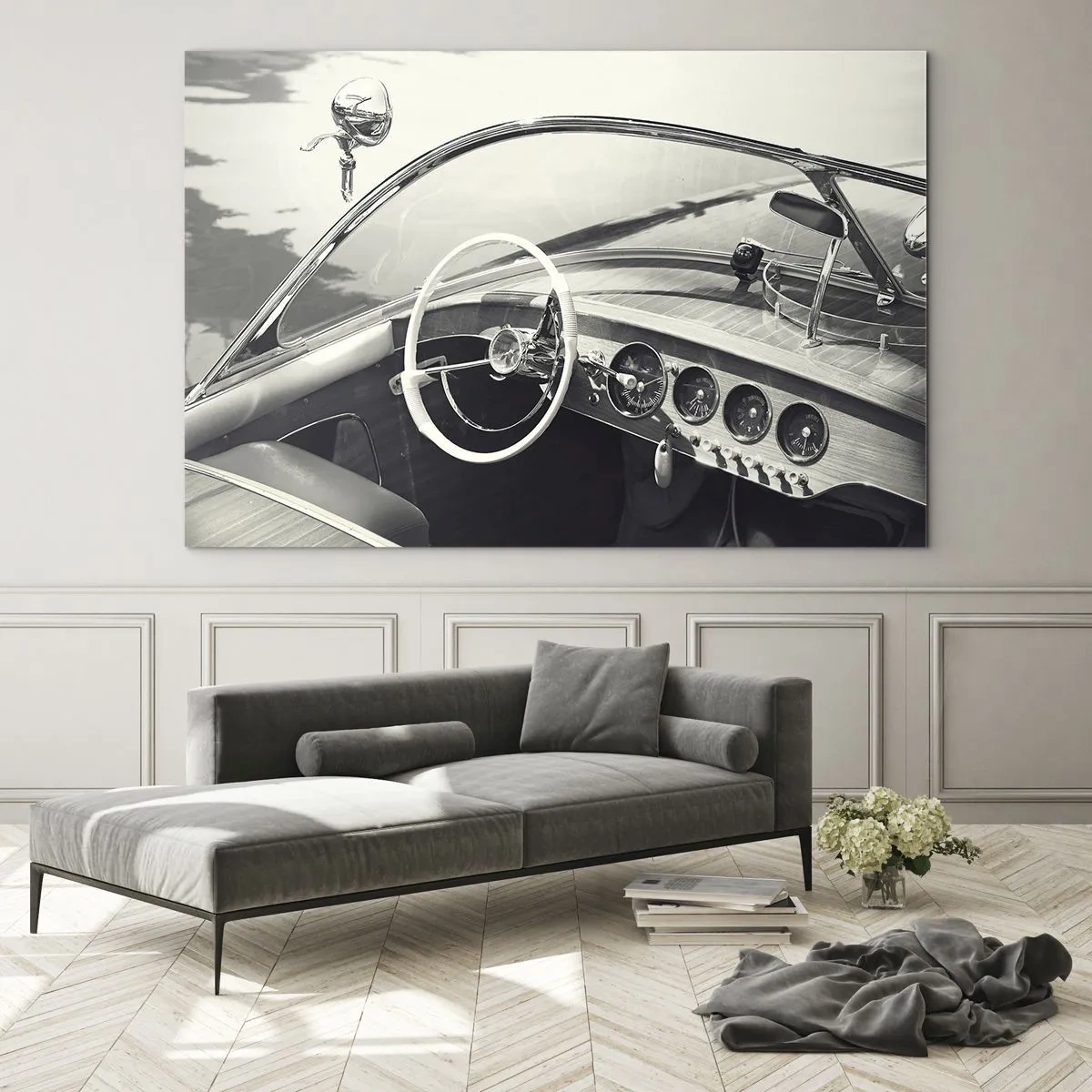 Impression sur verre - Image sur verre - Cockpit de voiture classique en noir et blanc - 120x80cm - Temps pour riche - Décoration murale moderne pour le salon et la chambre ARTTOR