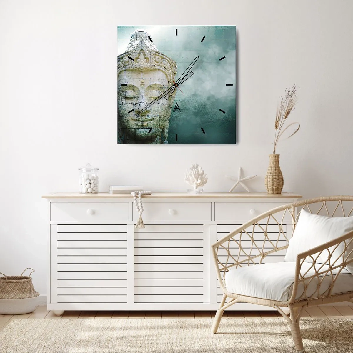 Horloge murale - Pendule murale - Statue de Bouddha avec une douce brume sur un fond vert - 30x30cm - A la recherche de la lumière - Décoration murale moderne pour le salon et la chambre ARTTOR