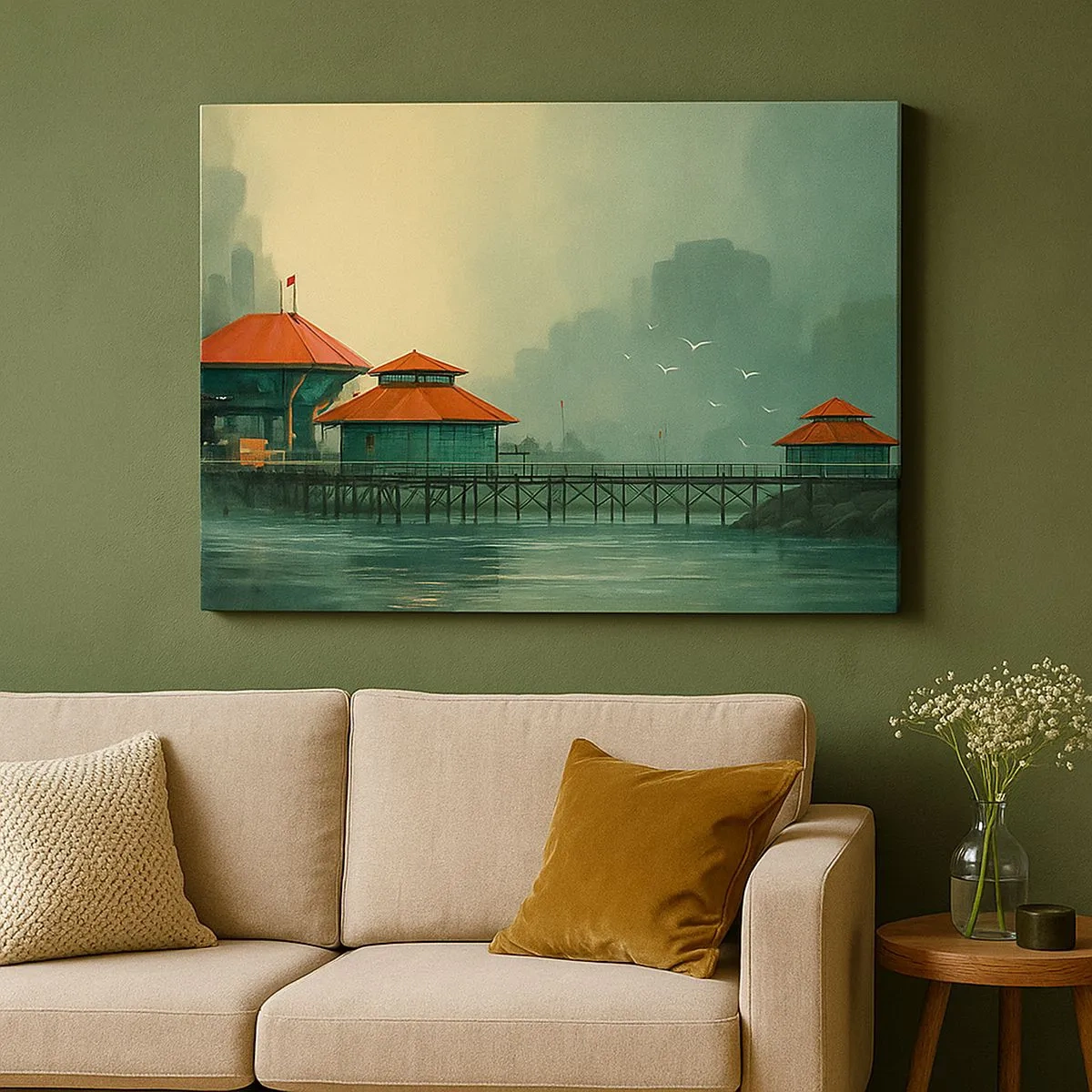 Impression sur toile - Image sur toile - Bâtiments portuaires dans un paysage pluvieux avec des mouettes - 70x50cm - Une journée ensoleillée au port - Décoration murale moderne pour le salon et la chambre ARTTOR