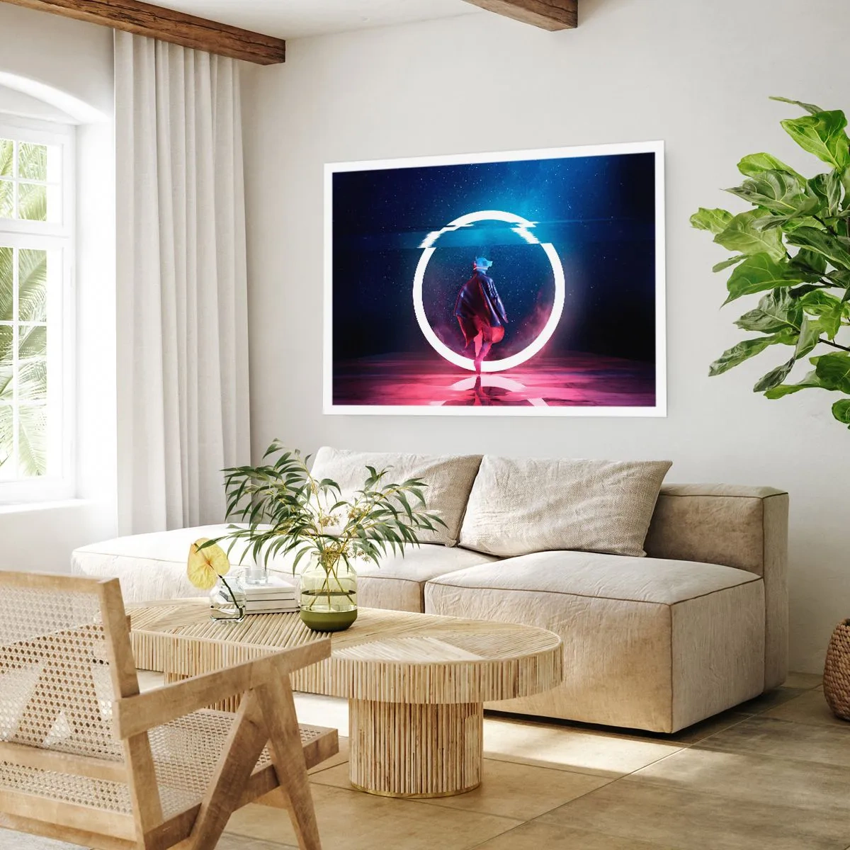 Affiche - Poster - Un personnage dans un environnement futuriste avec un cercle de néon - 100x70cm - Entre deux mondes - Décoration murale moderne pour le salon et la chambre ARTTOR